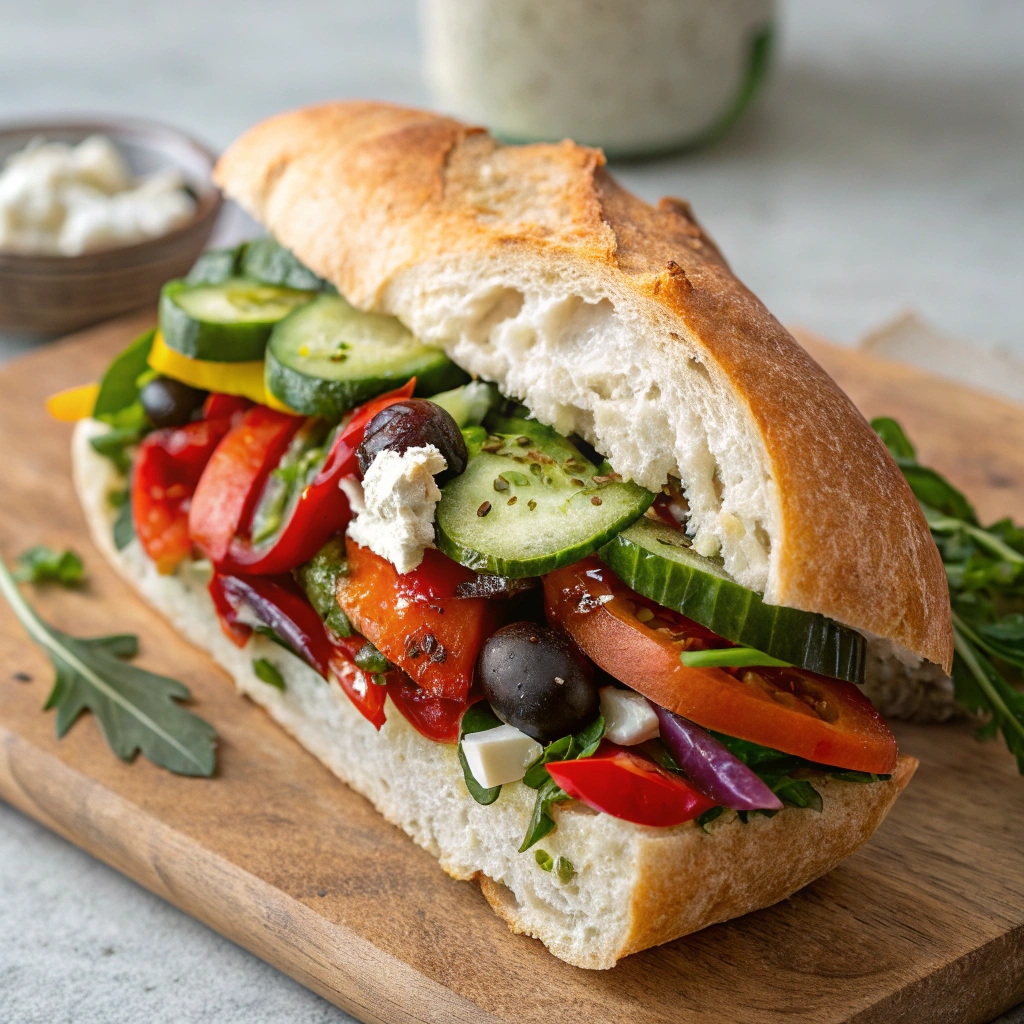 A colorful Mediterranean Veggie Sandwich layered with fresh cucumbers, tomatoes, roasted red peppers, olives, feta cheese, and greens, all packed inside a crusty baguette.
