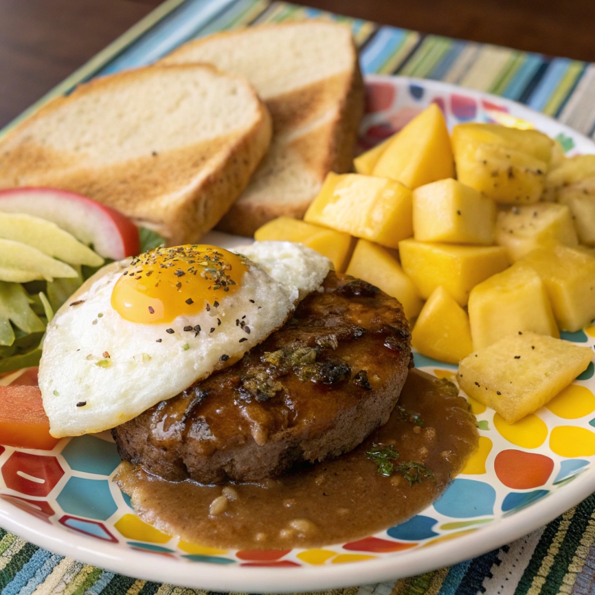 A colorful plate featuring a traditional Hawaiian breakfast with loco moco, tropical fruits, and a side of toasted bread.