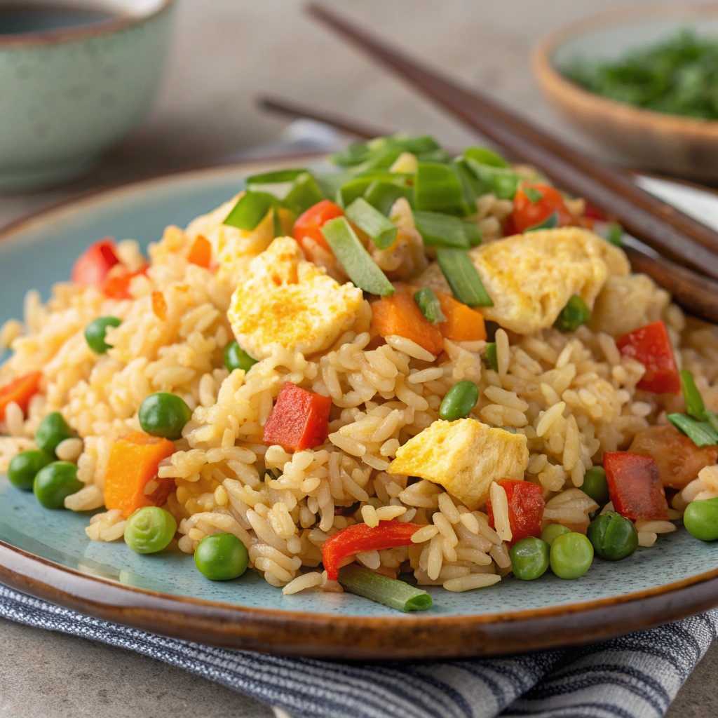 A close-up of fried rice highlighting individual grains, vegetables, and bits of scrambled eggs, with garnished green onions.