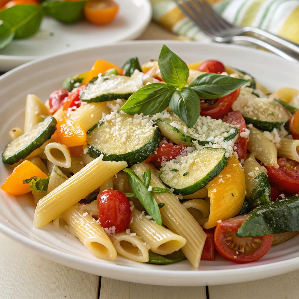 A colorful plate of Vegetable Pasta Primavera with sautéed zucchini, cherry tomatoes, bell peppers, spinach, and al dente pasta, garnished with grated Parmesan cheese and fresh basil.