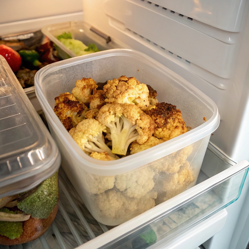 A container filled with leftover roasted cauliflower placed in the refrigerator, ready for storage.
