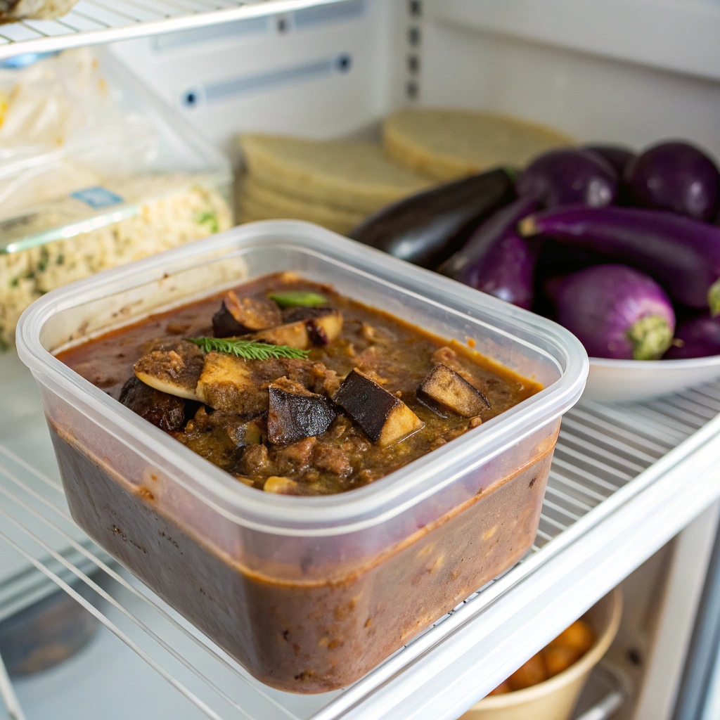 A container of leftover eggplant curry stored in the refrigerator, ready to be reheated.