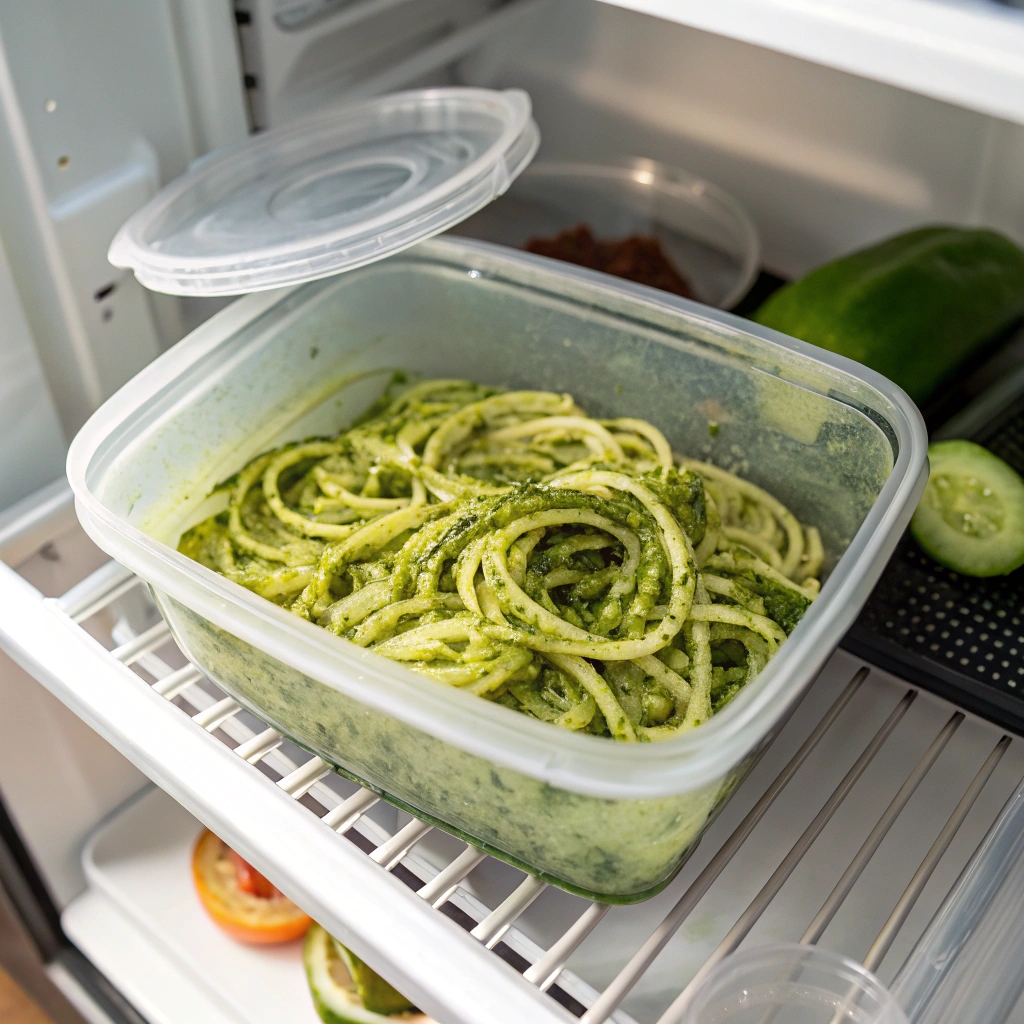 A container of leftover zucchini noodles with pesto stored in the refrigerator, with a lid partly open.