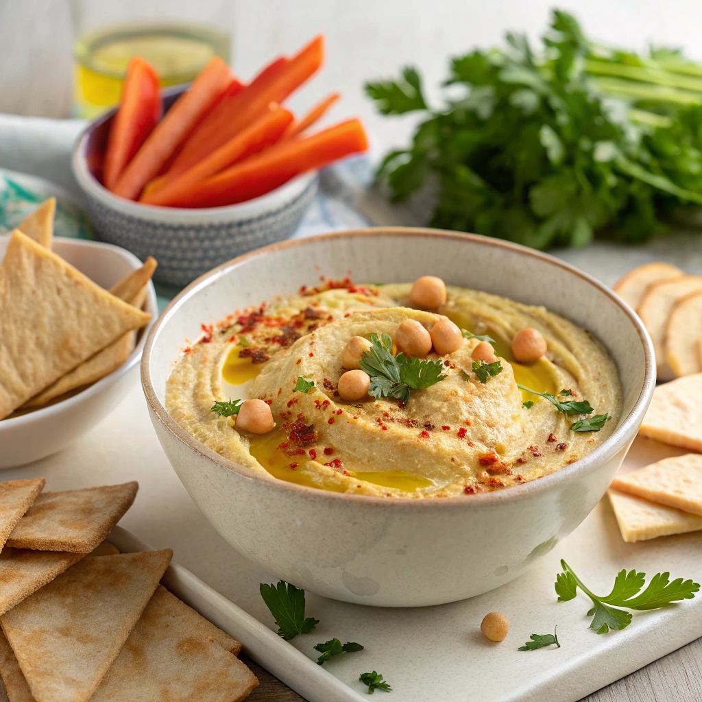 A creamy bowl of homemade chickpea hummus garnished with paprika, chopped parsley, and a drizzle of olive oil, served with pita chips and vegetable sticks.