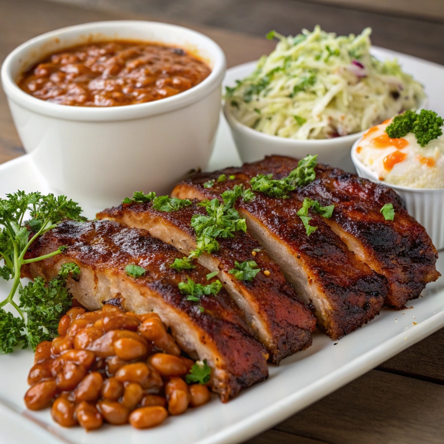 A delicious platter of sliced grilled BBQ ribs topped with fresh herbs, served alongside sides like coleslaw and baked beans.