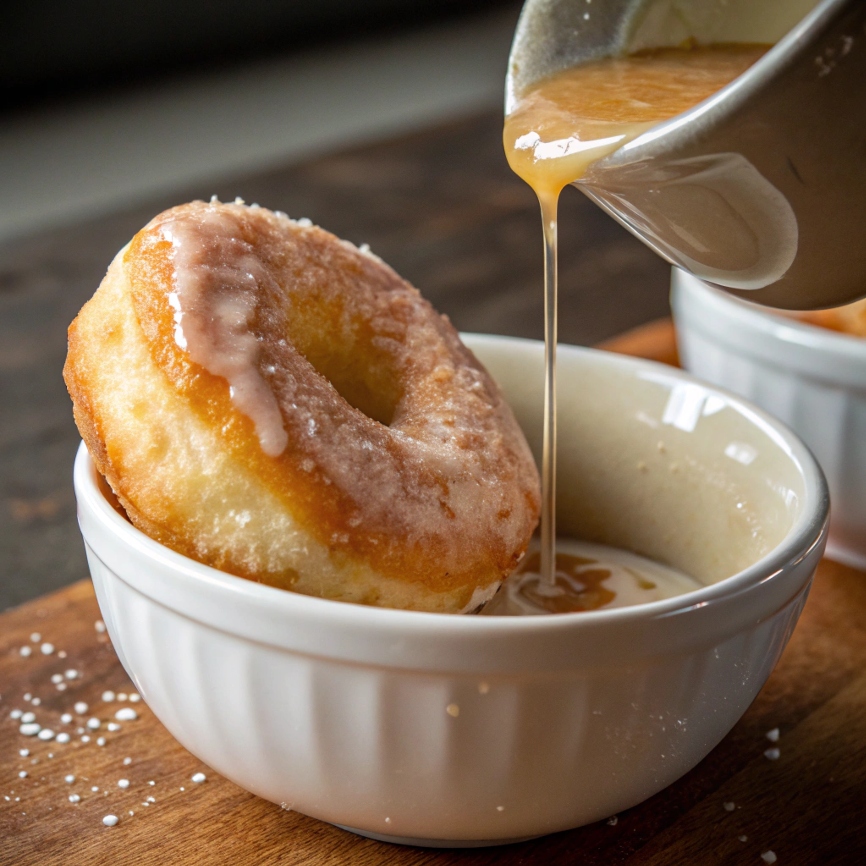 A donut being dipped into a bowl of shiny glaze.