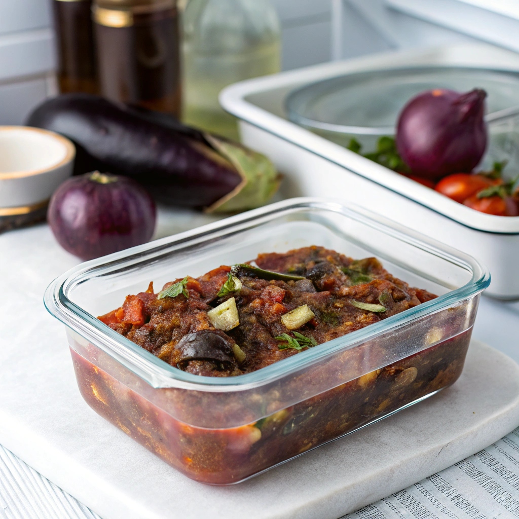 A glass container filled with freshly made Baingan Bharta, ready to be stored in the refrigerator, with a lid placed nearby.