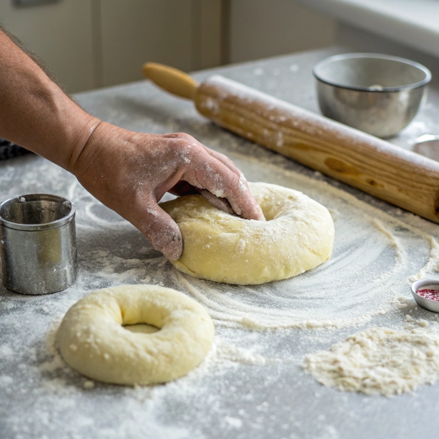 A hand kneading donut dough on a floured surface.