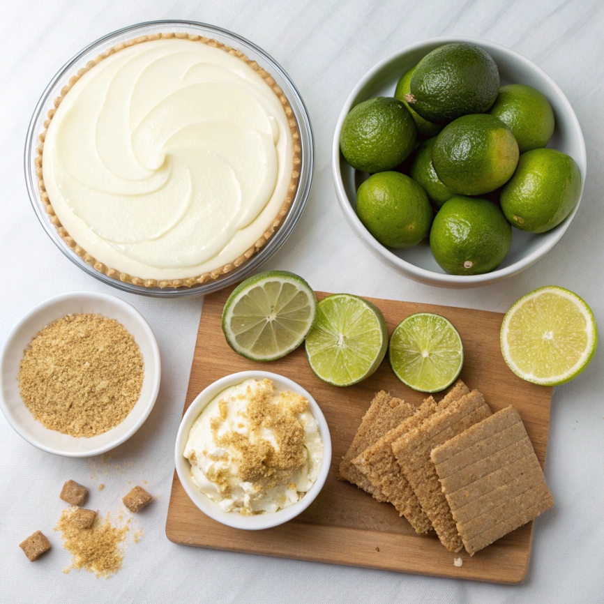A neatly arranged display of ingredients for no bake Key Lime Pie, including limes, graham crackers, sweetened condensed milk, and cream cheese.