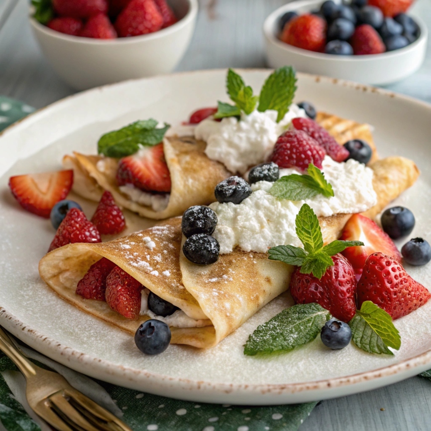 A plate of Breakfast Crepes with Cottage Cheese and Berries garnished with mint leaves