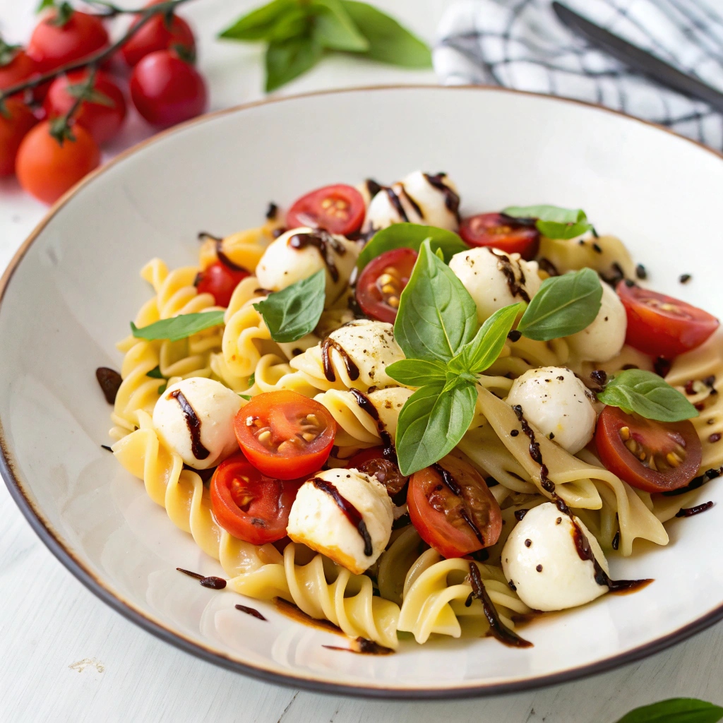 A plate of Caprese pasta salad featuring pasta tossed with cherry tomatoes, fresh mozzarella balls, basil leaves, drizzled with balsamic reduction and olive oil.