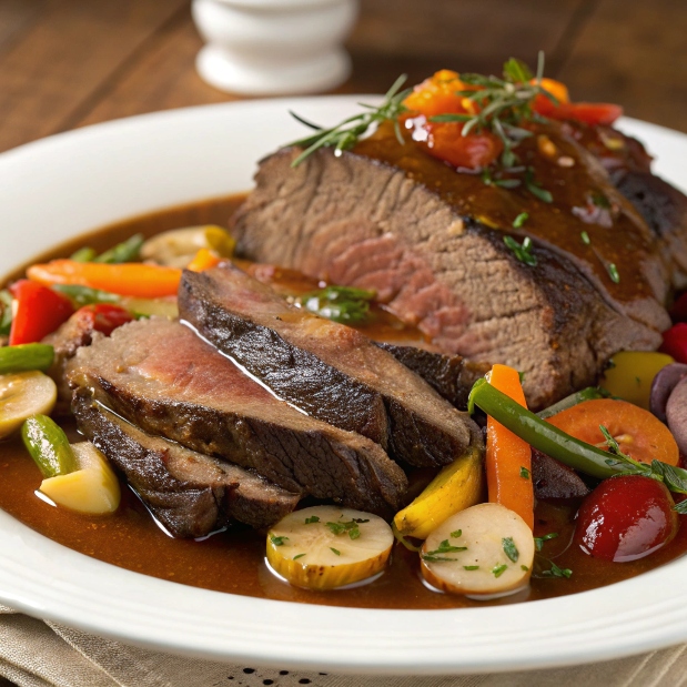  A plated serving of a succulent pot roast with vegetables and gravy.