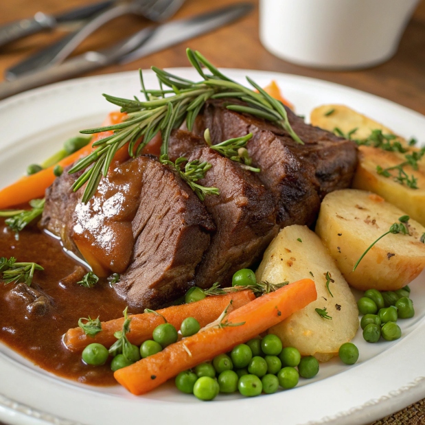 A hearty pot roast surrounded by roasted carrots, potatoes, and onions in a savory gravy.