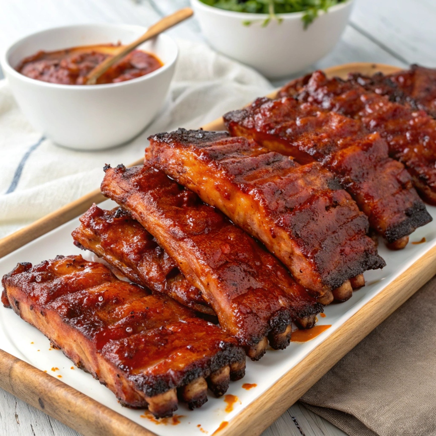 A rack of smoky grilled BBQ ribs coated with spicy chipotle sauce, with charred edges and a vibrant, glossy glaze, served on a platter.
