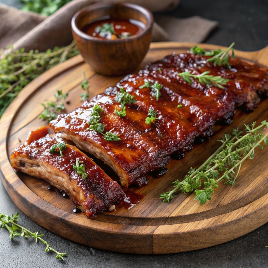 A rack of tender grilled BBQ ribs glazed with a shiny honey bourbon sauce, garnished with fresh herbs and placed on a wooden platter.
