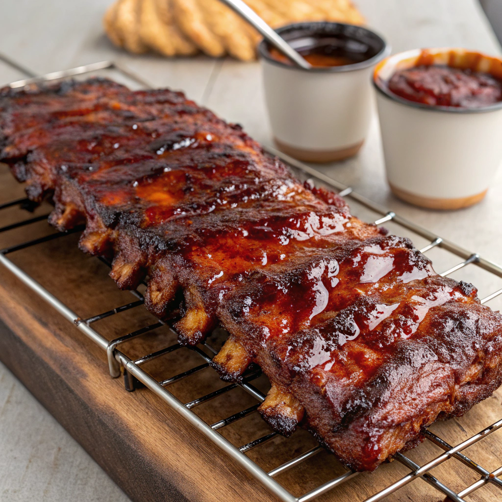 A rack of tender, smoky grilled BBQ ribs glazed with rich barbecue sauce, with charred edges and juicy meat.