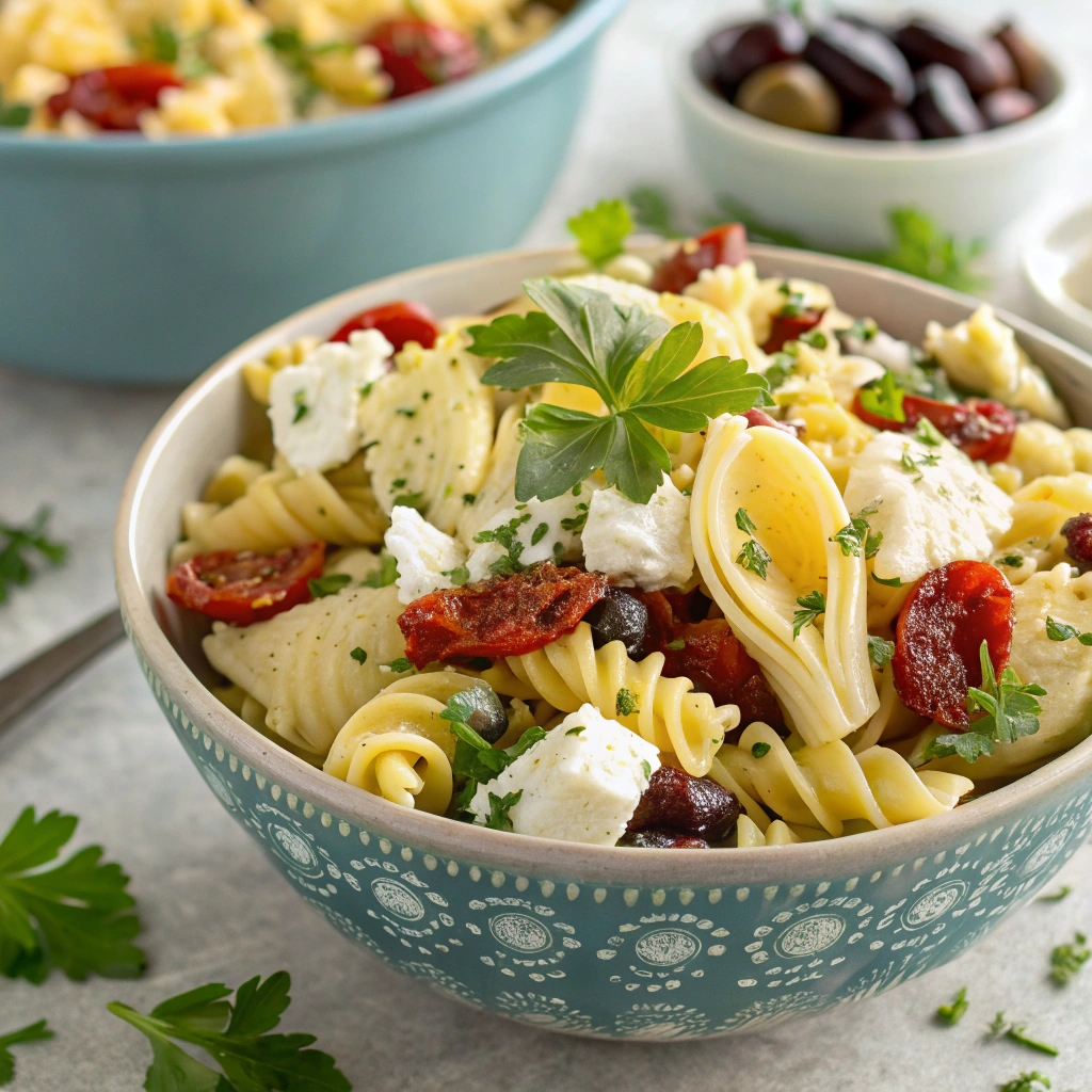A serving bowl of Mediterranean pasta salad featuring pasta mixed with artichoke hearts, sun-dried tomatoes, kalamata olives, crumbled feta, and fresh herbs.