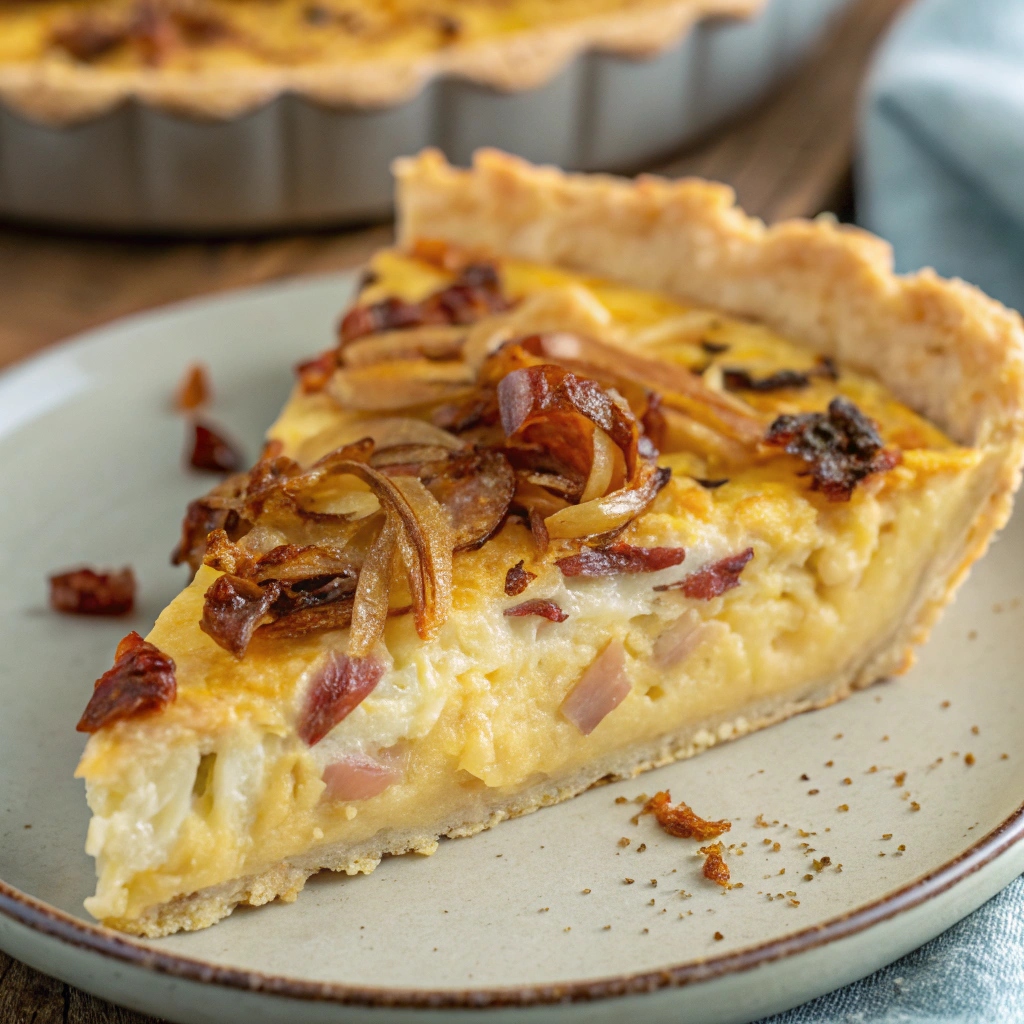 A slice of bacon, cheddar, and onion quiche showing a golden crust, with melted cheese, crispy bacon bits, and caramelized onions.