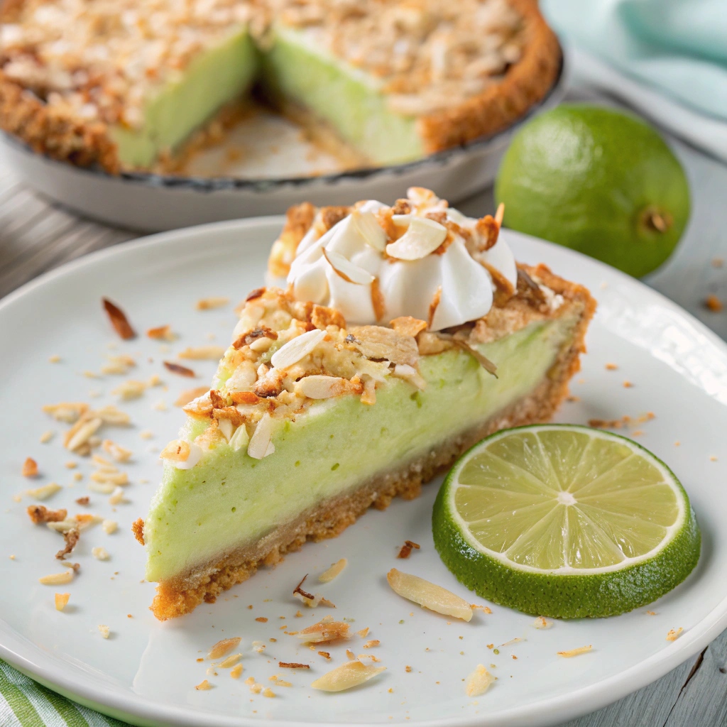 A slice of Coconut Key Lime Pie topped with toasted coconut flakes, served on a plate with a lime wedge.