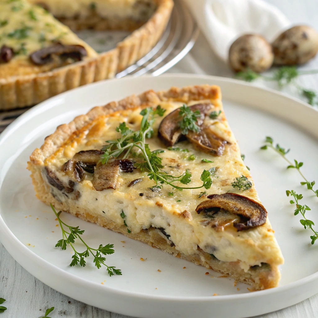 A slice of mushroom and Gruyère quiche with a golden crust and melted cheese, topped with sautéed mushrooms and herbs on a serving plate.