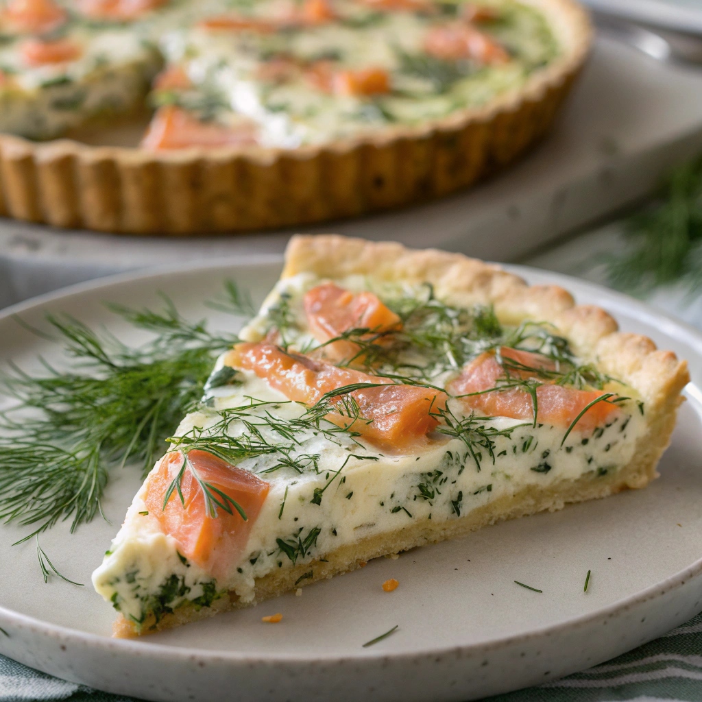 A slice of smoked salmon and dill quiche showing a flaky crust, topped with fresh dill and filled with salmon, cheese, and herbs.