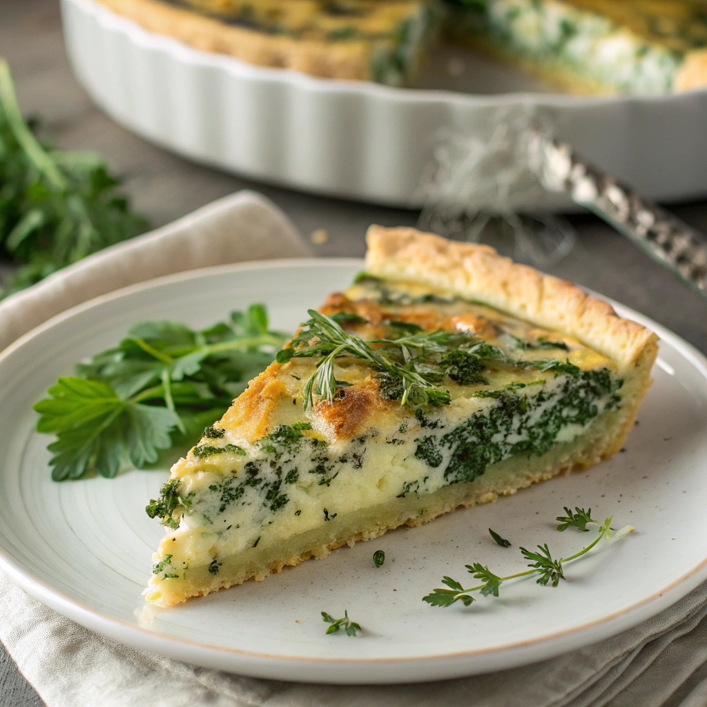 A slice of spinach and feta quiche with a golden crust, topped with fresh herbs and served on a plate.