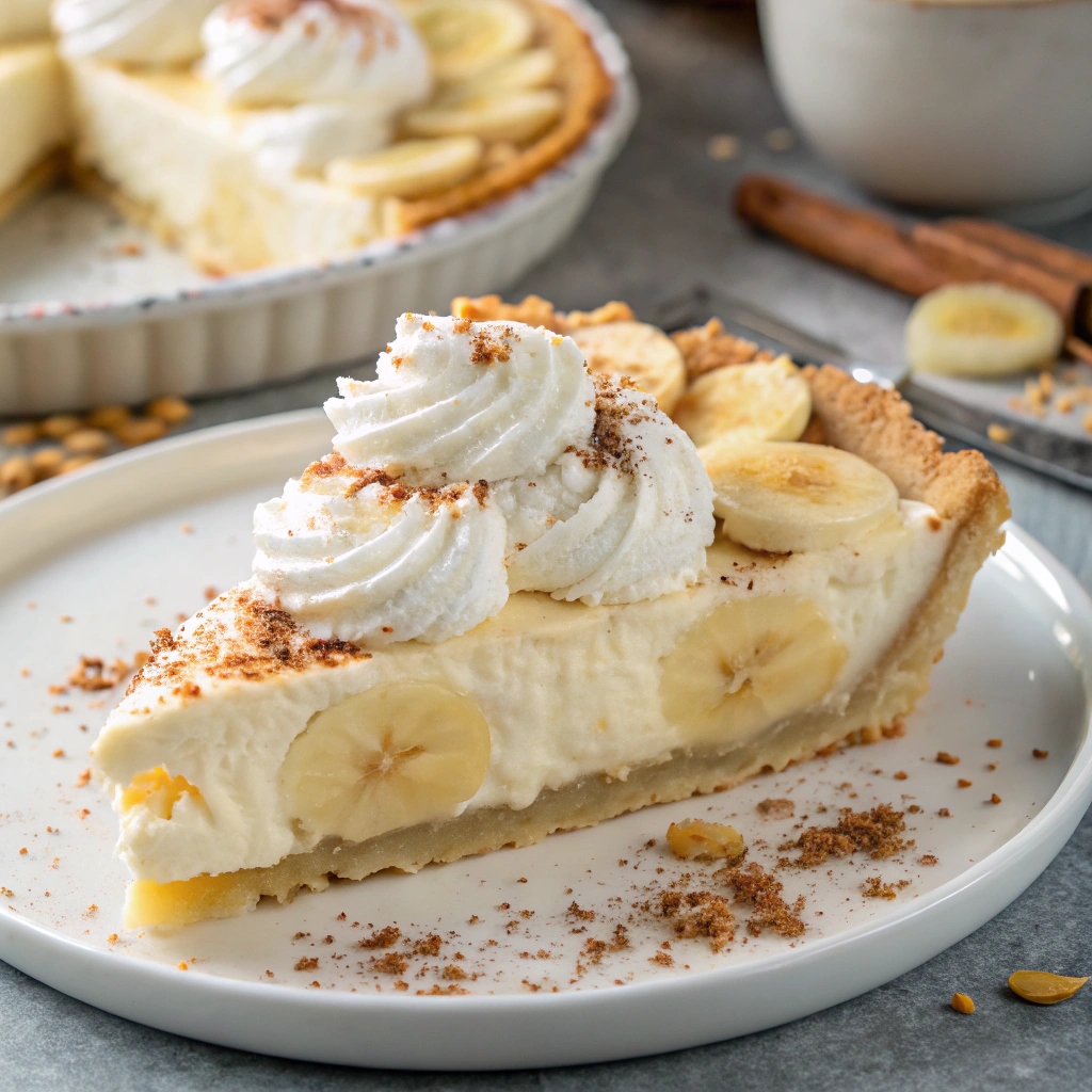 Close-up view of a slice of banana cream pie showing the layers of custard, bananas, and whipped cream.