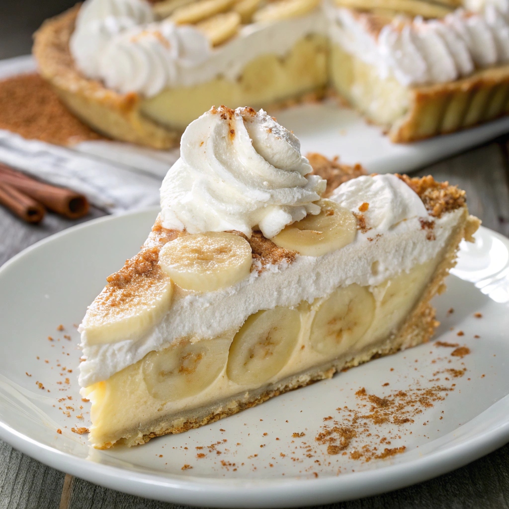 Slice of banana cream pie showing layers of custard, banana slices, and whipped cream.