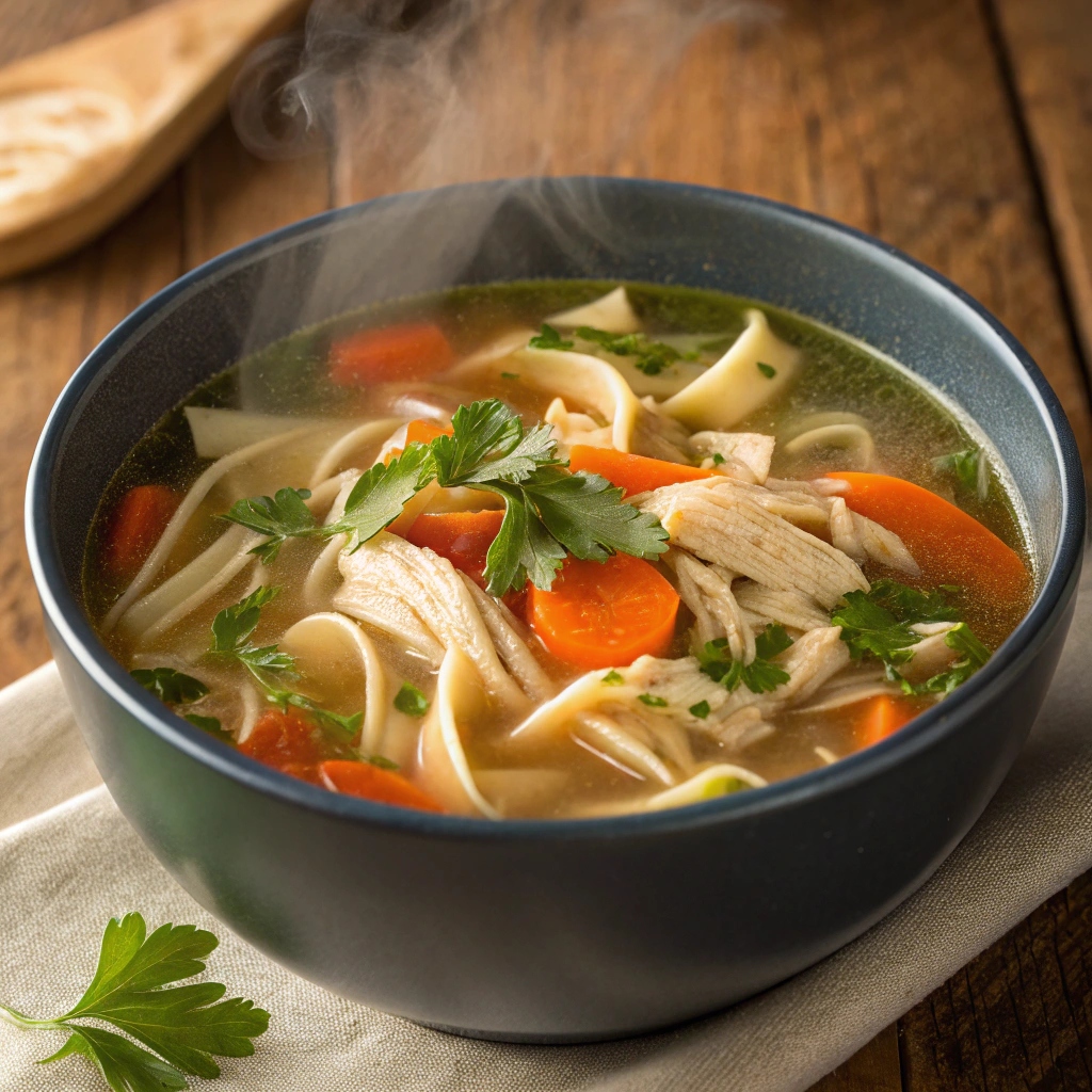 A steaming bowl of Chicken Noodle Soup filled with shredded chicken, tender noodles, carrots, celery, and herbs, garnished with fresh parsley.