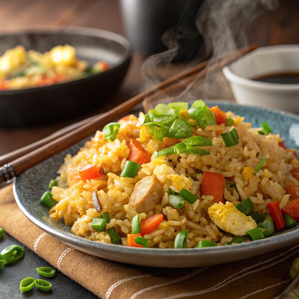 A colorful plate of basic fried rice with mixed vegetables and scrambled eggs, garnished with chopped green onions.