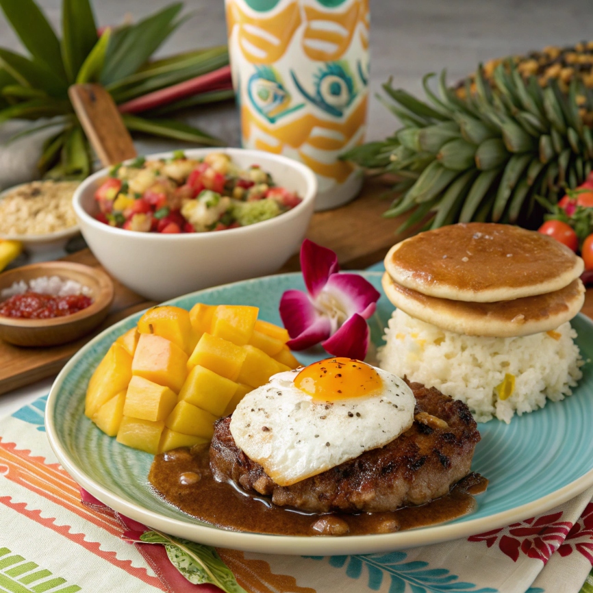 A colorful Hawaiian breakfast spread featuring loco moco with a sunny-side-up egg, fresh mango chunks, white rice, pancakes, and a tropical salad, garnished with a purple orchid.