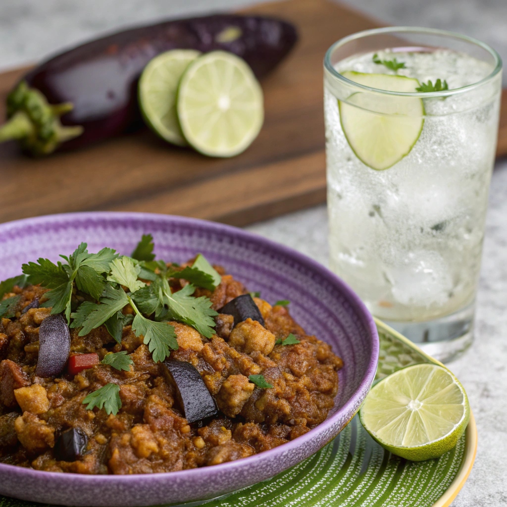 A vibrant plate of Baingan Bharta garnished with fresh cilantro, served with a chilled glass of lime soda with ice and a wedge of lime.