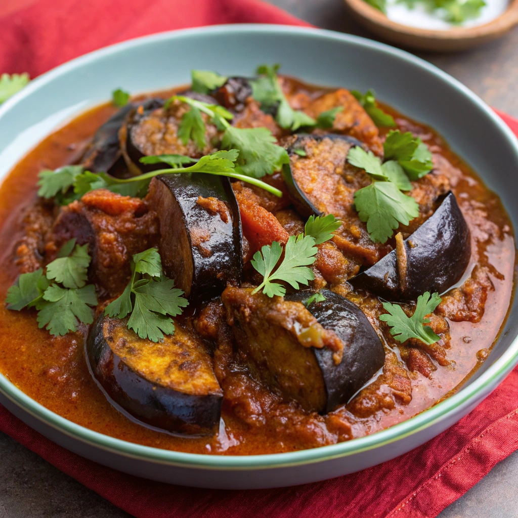 A vibrant plate of Brinjal Masala featuring tender eggplant pieces simmered in a rich, spiced tomato gravy garnished with fresh cilantro.