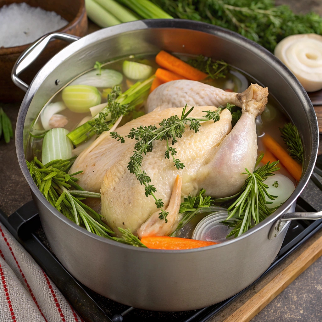 A whole chicken simmering in a large pot with vegetables and herbs for making classic chicken soup.