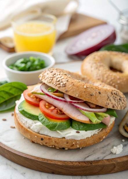 "A whole wheat bagel sliced in half and toasted, layered with lean turkey slices, creamy Greek yogurt spread, avocado, cucumber, tomato, red onion, and fresh spinach, garnished with lemon juice, making a colorful and nutritious bagel sandwich."