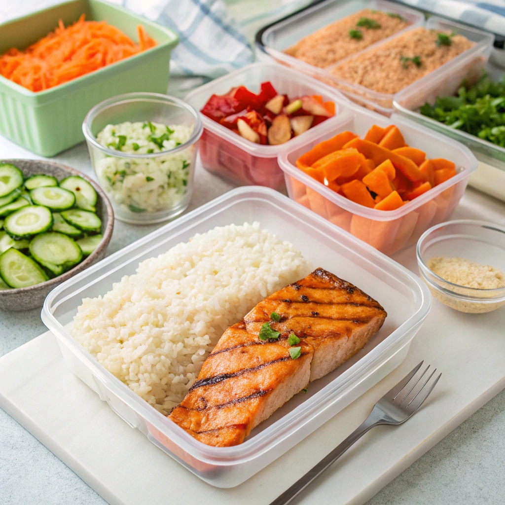 An organized meal prep station with cooked rice, grilled salmon, and pre-chopped vegetables in containers ready for assembling Salmon Rice Bowls.