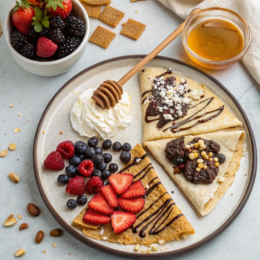 Assorted creative toppings for breakfast crepes, including fresh berries, whipped cream, chocolate drizzle, chopped nuts, and honey, arranged beautifully on a serving plate