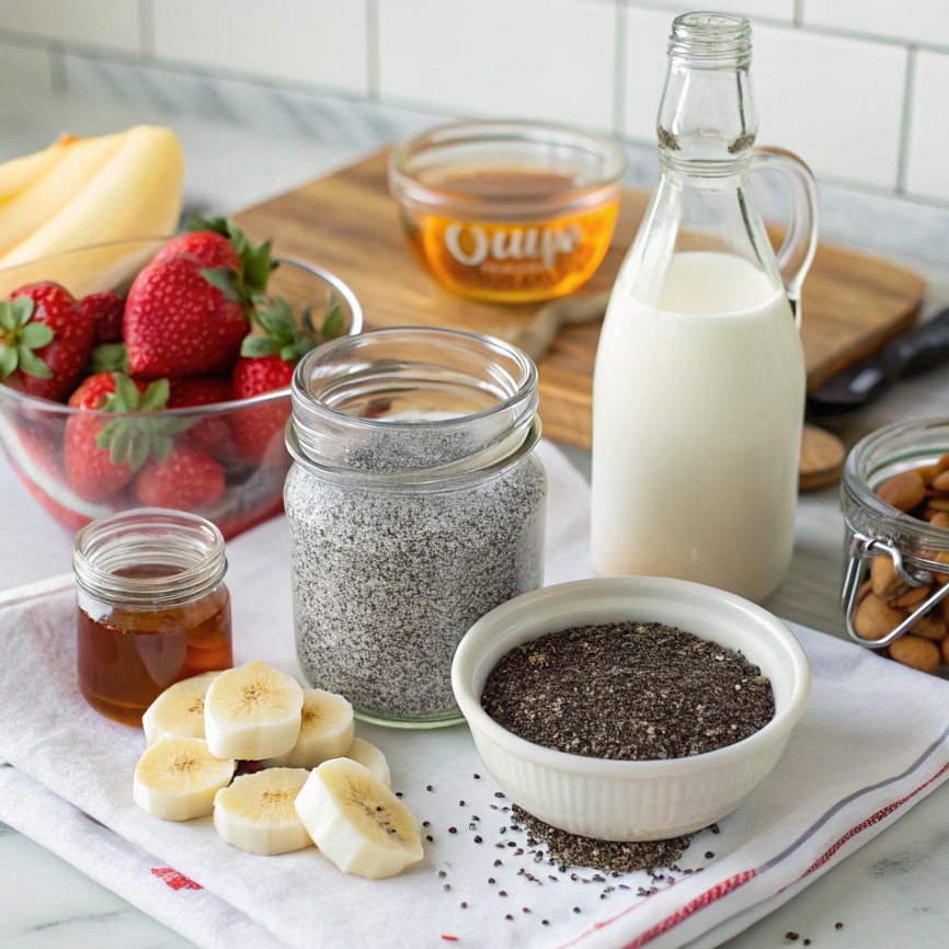 Assorted ingredients for making Chia Pudding Recipe, including chia seeds, milk, vanilla extract, honey, and fresh fruit.