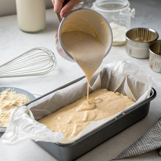 Batter being poured into a greased loaf pan lined with parchment paper.