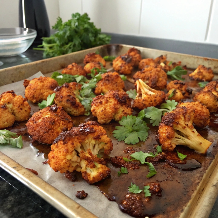  Cauliflower florets coated in smoky barbecue sauce, roasted until caramelized, garnished with fresh herbs.