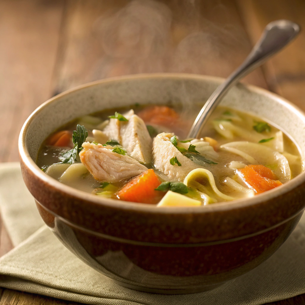 A pot of bubbling chicken soup with carrots, celery, and herbs, ready to be served.