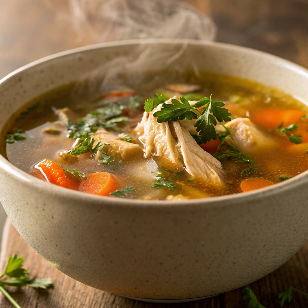 Shredded cooked chicken pieces being placed into the simmering broth for classic chicken soup.