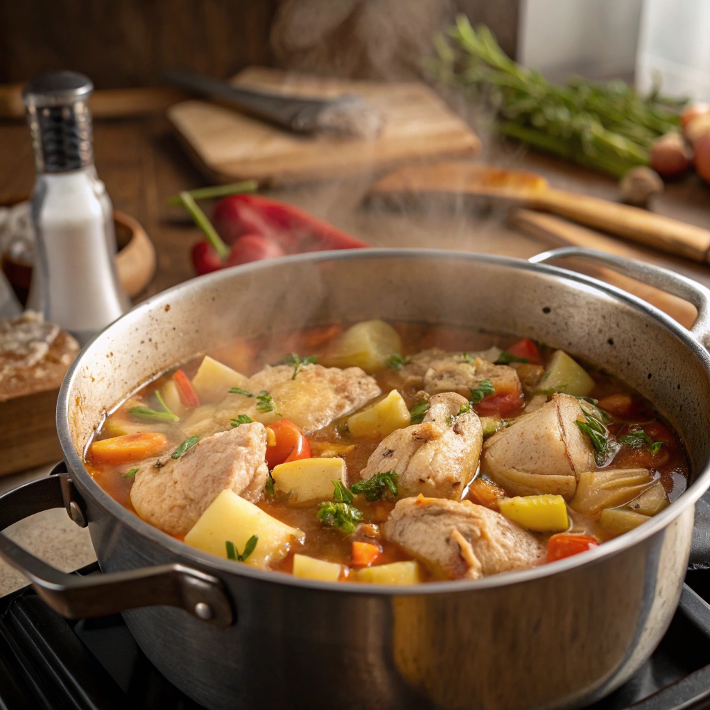 Chicken stew simmering in a large pot on the stovetop, with vegetables visibly tender and broth bubbling gently.