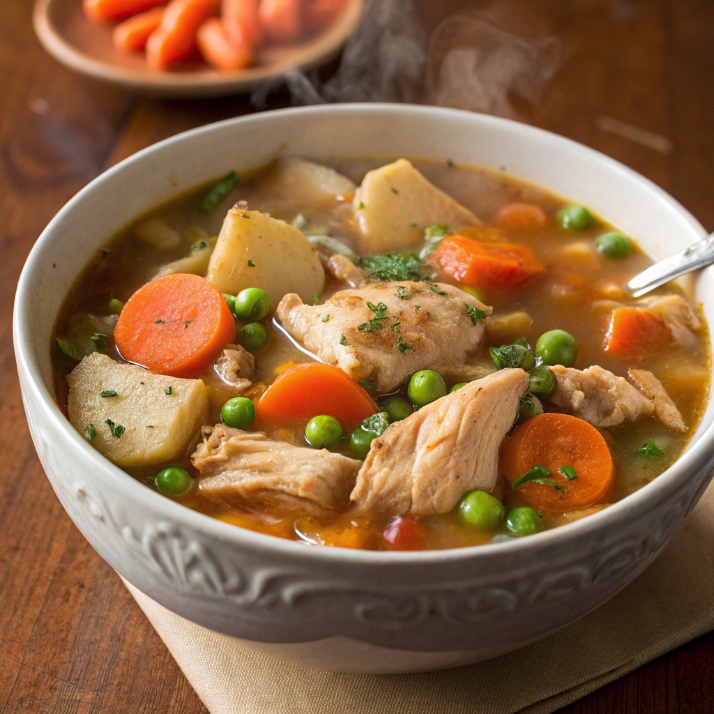 Chicken stew with tender vegetables simmered to perfection, ready to serve.