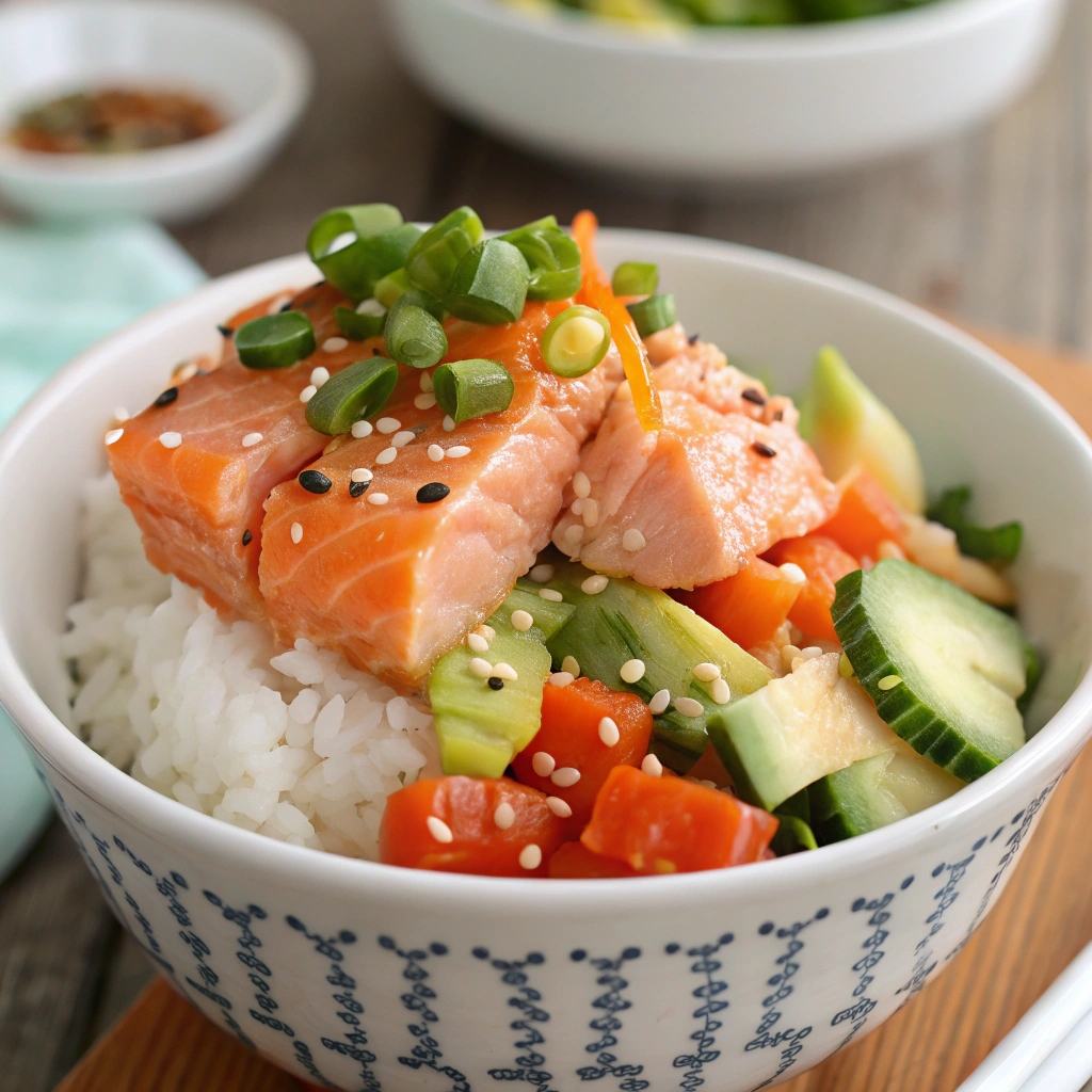 Close-up of a bite-sized portion of Salmon Rice Bowl showcasing flaky salmon, fresh veggies, and rice.