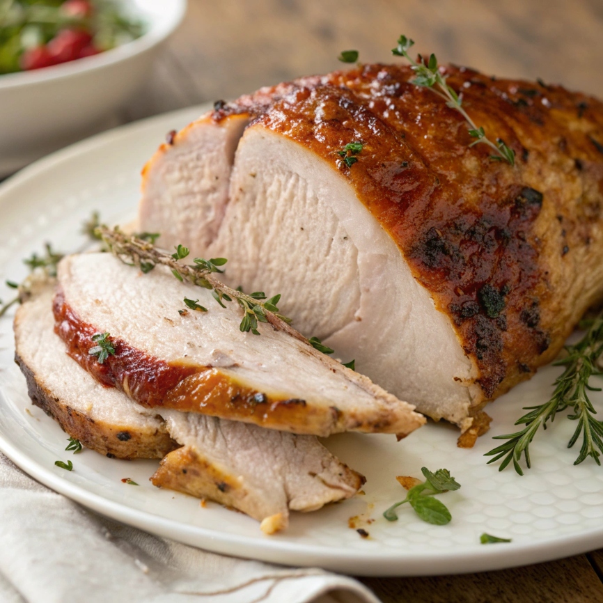 Close-up of juicy turkey slice with crispy skin and tender meat.
