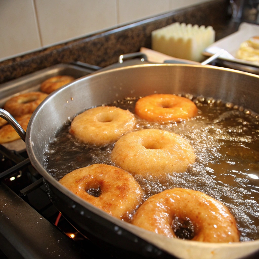  Donuts frying in hot oil in a deep fryer or pot.