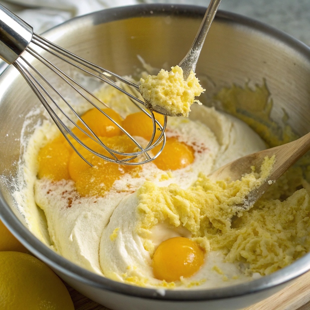 Egg yolks and zest being incorporated into the creamed butter and sugar mixture.