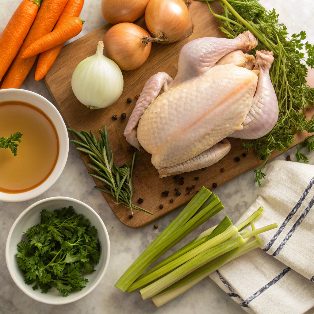 An overhead shot of fresh vegetables, chicken pieces, herbs, and spices arranged on a kitchen counter for making classic chicken soup.