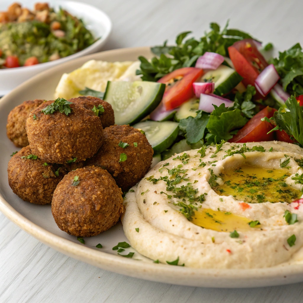  Crispy air fryer falafel served with fresh vegetables and sauces.